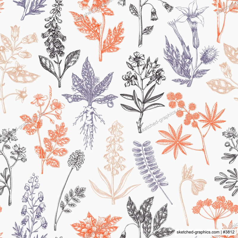 Witch herbs seamless pattern. Poisonous plants background. Apothecary herbs hand-drawn vector illustration. Bohemian design. NOT AI generated
