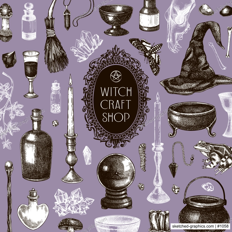 Witch party invitation design. Bohemian style Halloween hand-drawn vector illustration. Witchcraft sketches. NOT AI generated
