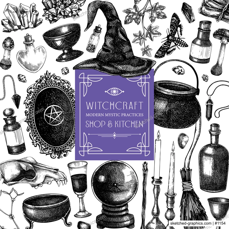 Witch party invitation design. Bohemian witchcraft background. Vinatge Halloween sketches. Hand-drawn vector illustration. NOT AI generated