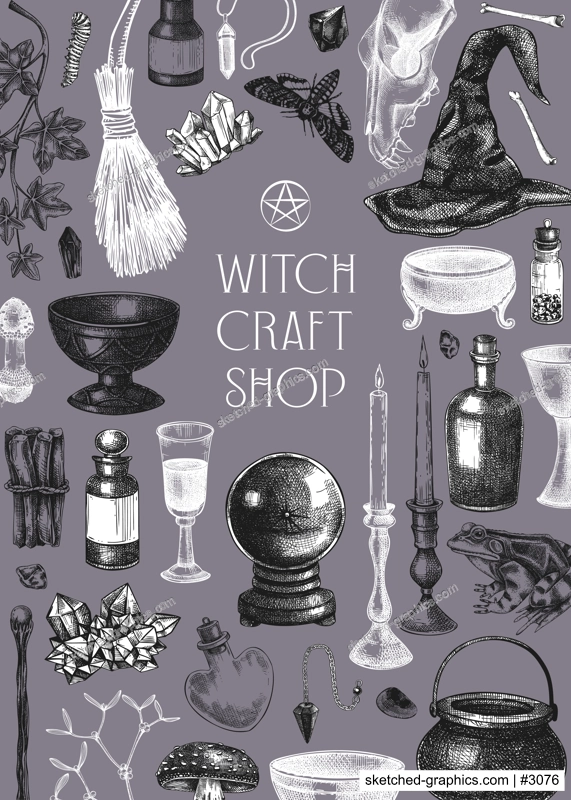 Witch party invitation design. Bohemian style witchcraft background. Vinatge Halloween sketches. Hand-drawn vector illustration. NOT AI generated