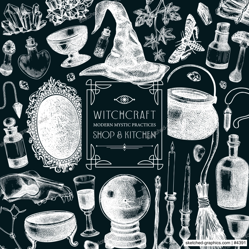 Witch party invitation design. Bohemian style witchcraft background. Vinatge Halloween sketches. Hand-drawn vector illustration on chalkboard. NOT AI generated