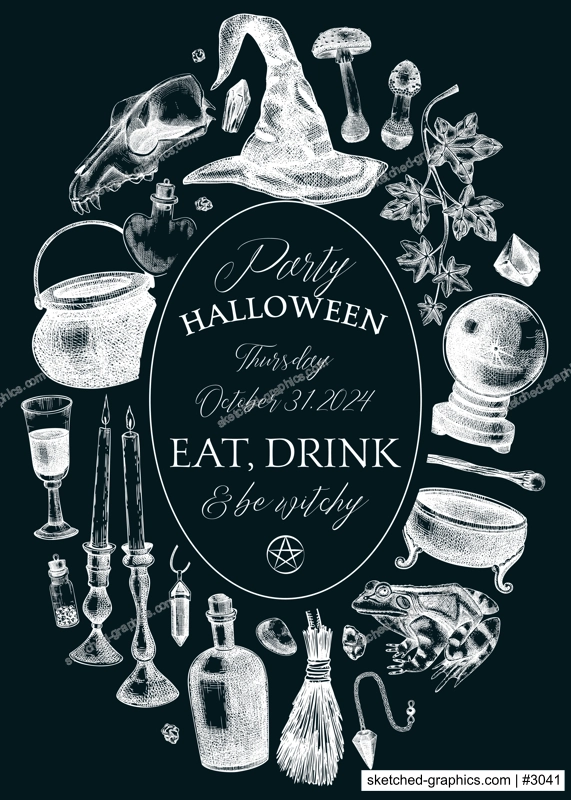 Witch party invitation design. Witchcraft frame, banner, flyer on chalkboard. Vinatge Halloween sketches. Hand-drawn vector illustration. NOT AI generated