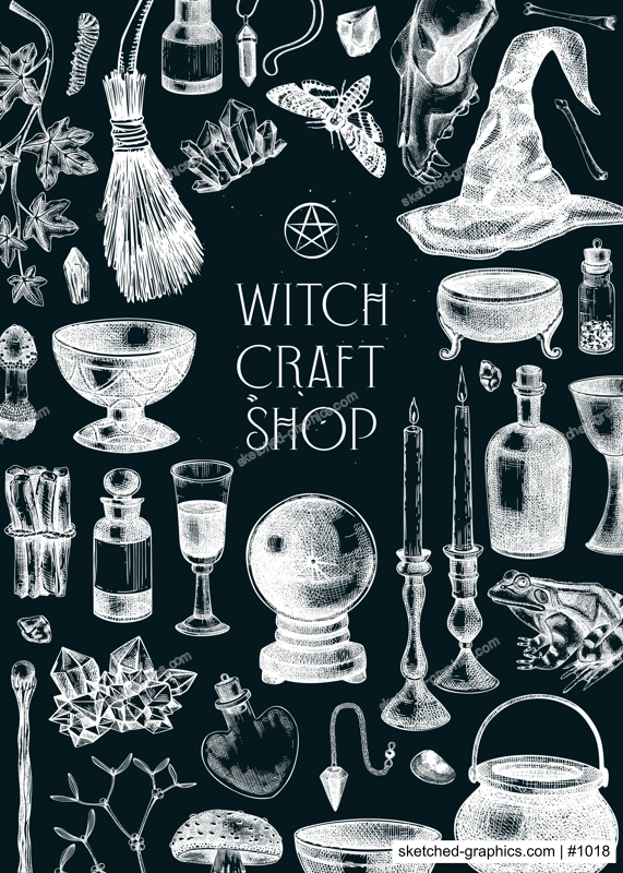 Witch party invitation design. Minimalist witchcraft frame, banner, flyer. Vinatge Halloween sketches. Hand-drawn vector illustration on chalkboard. NOT AI generated