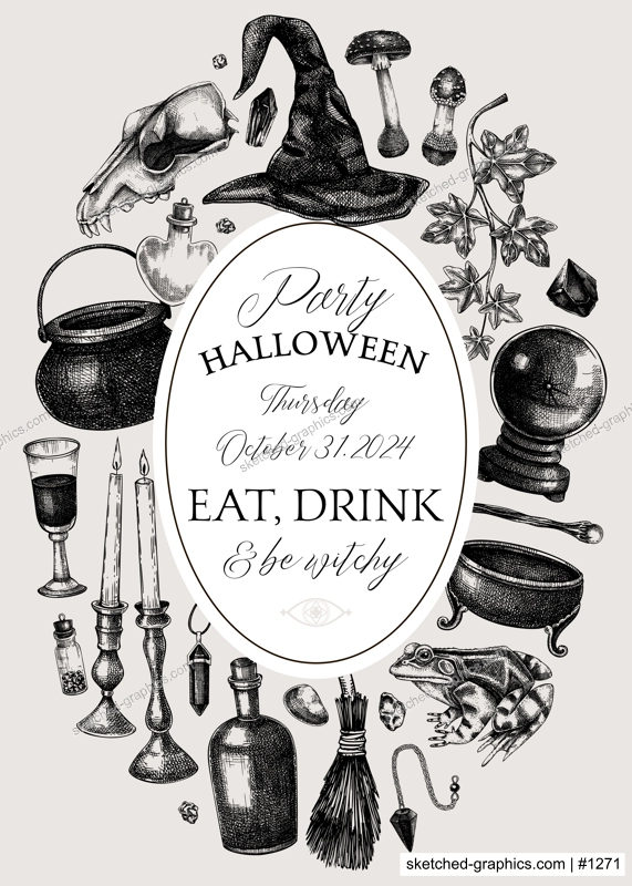 Witch party invitation design. Minimalist witchcraft frame, banner, flyer. Vinatge Halloween sketches. Hand-drawn vector illustration. NOT AI generated