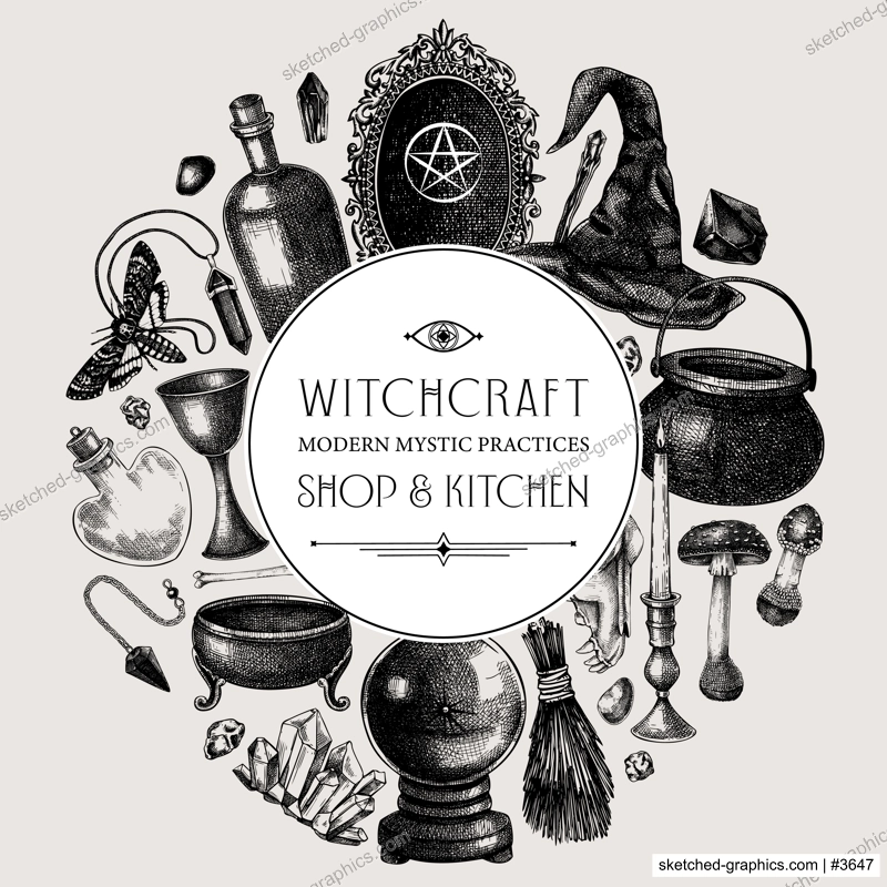 Witch party invitation design. Minimalist witchcraft frame, banner, flyer. Vinatge Halloween sketches. Hand-drawn vector illustration. NOT AI generated