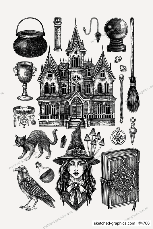Bohemian witch poster design for print. Halloween hand-drawn vector illustrations. Witchcraft sketches set. Vintage design elements. NOT AI generated