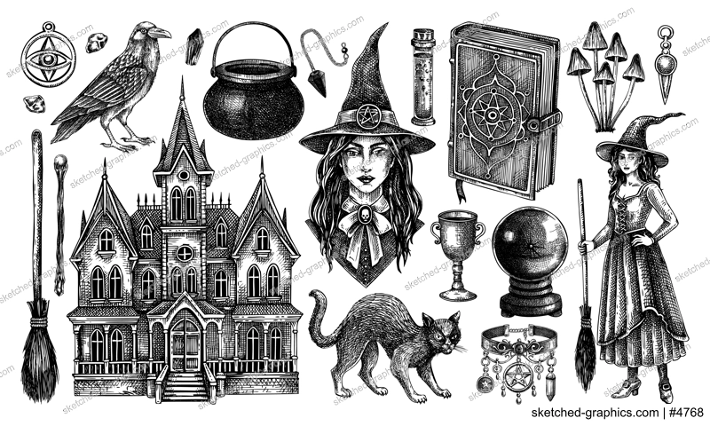 Witch sketches set. Halloween hand-drawn vector illustrations. Bohemian witchcraft icons. Magic design elements. NOT AI generated