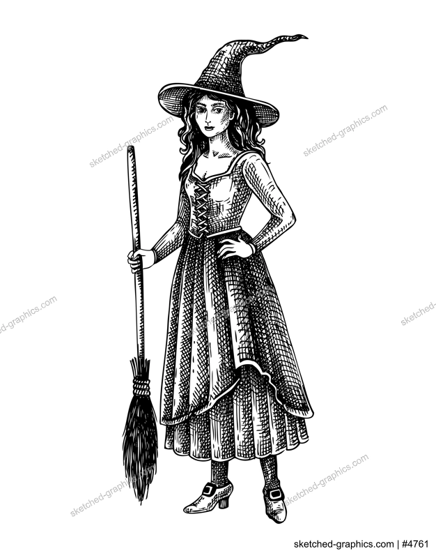 Witch with broom character. Gothic style young woman sketch. Vintage Halloween hand-drawn vector illustration. Victorian fashion art. NOT AI generated
