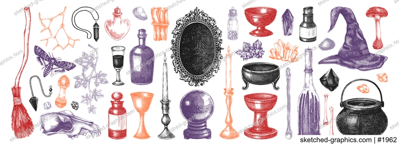 Witchcraft hand-drawn vector illustrations set. Aniique apothecary. Halloween sketches in color. Alchemy design elements. NOT AI generated