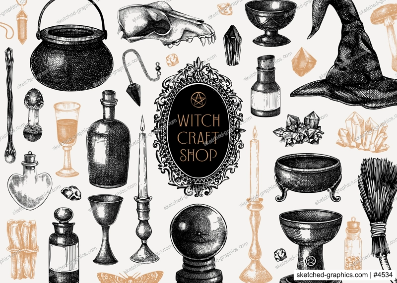Bohemian style witchcraft background. Vinatge Halloween sketches. Hand-drawn vector illustration. Antique apothecary design on chalkboard. Witchcraft shop banner. NOT AI generated