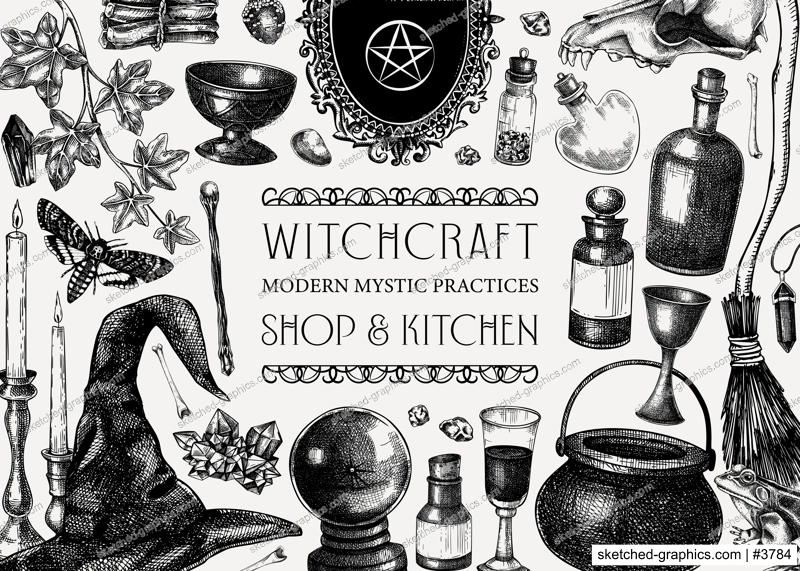 Bohemian style witchcraft background. Vinatge Halloween sketches. Hand-drawn vector illustration. Antique apothecary frame design. Witchcraft shop banner. NOT AI generated
