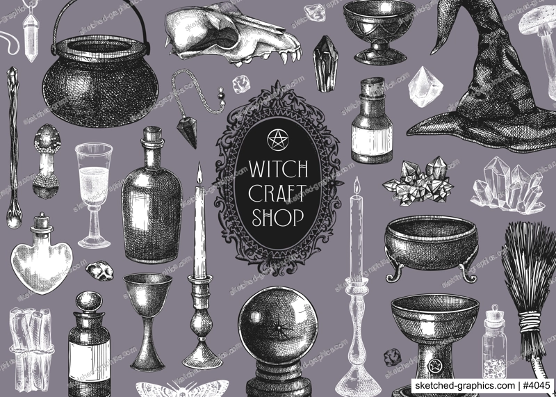 Bohemian style witchcraft background. Vinatge Halloween sketches. Hand-drawn vector illustration. Antique apothecary design. Witchcraft shop banner. NOT AI generated