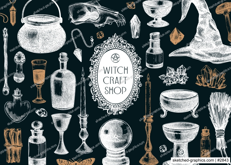 Bohemian style witchcraft background. Vinatge Halloween sketches. Hand-drawn vector illustration. Antique apothecary design on chalkboard. Witchcraft shop banner. NOT AI generated