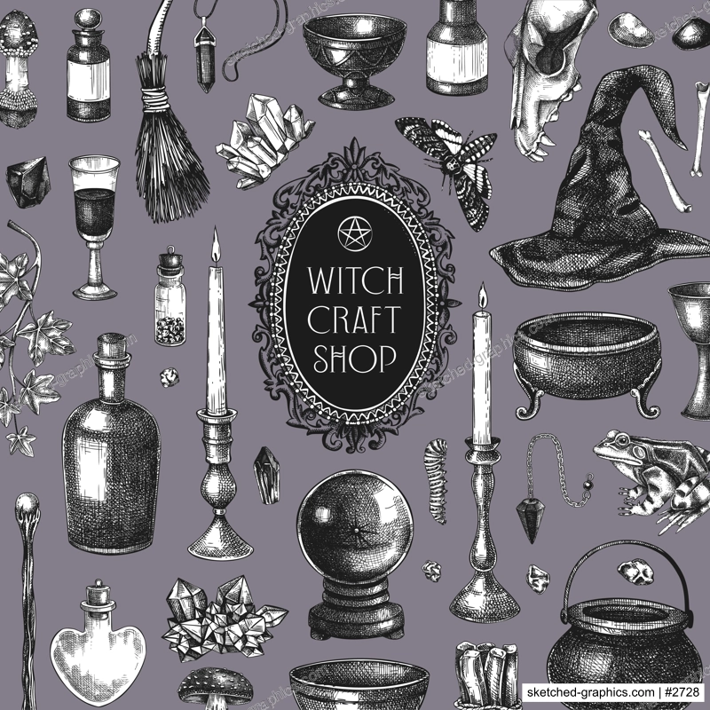 Witchcraft background. Vinatge Halloween sketches. Hand-drawn vector illustration. Bohemian style witch craft shop banner. NOT AI generated