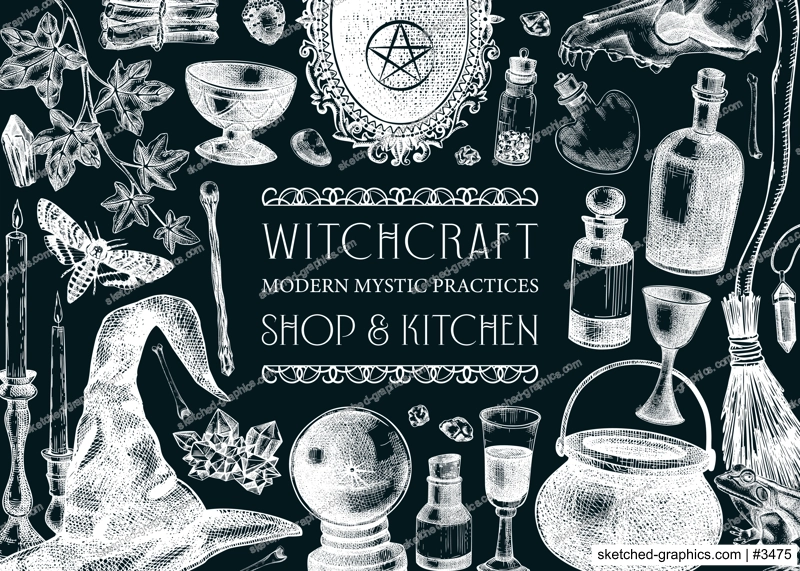 Witchcraft background. Vinatge Halloween sketches. Hand-drawn vector illustration. Antique apothecary design. Witchcraft shop banner. NOT AI generated
