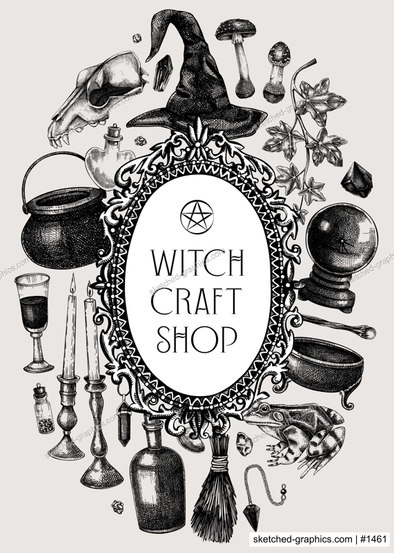 Witchcraft banner design. Boho witch frame, banner, flyer. Vinatge Halloween sketches. Hand-drawn vector illustration. NOT AI generated