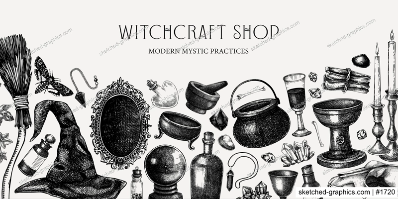 Sketch style witchcraft banner. Vinatge Halloween background. Hand-drawn vector illustration. Antique apothecary design. Witchcraft shop border. NOT AI generated