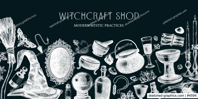 Sketch style witchcraft banner. Vinatge Halloween background. Hand-drawn vector illustration on chalkboard. Antique apothecary design. Witchcraft shop border. NOT AI generated