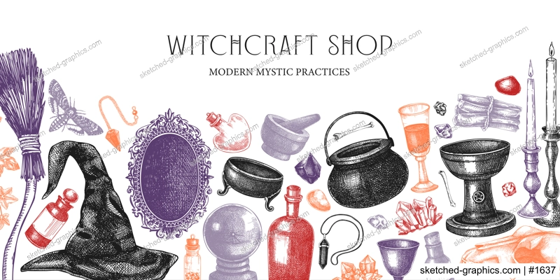 Bohemian style witchcraft banner. Vinatge Halloween sketches. Hand-drawn vector illustration. Antique apothecary banner design. Witchcraft shop border. NOT AI generated
