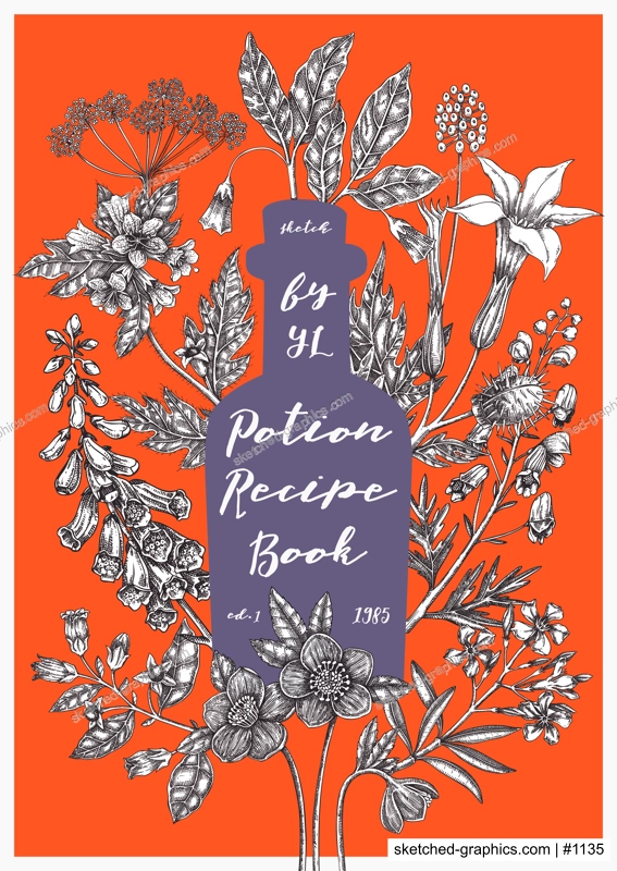 Witchcraft book cover design. Witch herbs background. Vintage apothecary poster, flyer, card template. Poisonous plants hand drawn illustration. NOT AI generated