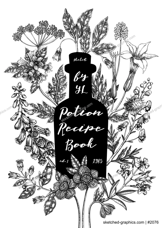 Witchcraft book cover design. Witch herbs background. Vintage apothecary poster, flyer, card template. Poisonous plants hand drawn illustration. NOT AI generated