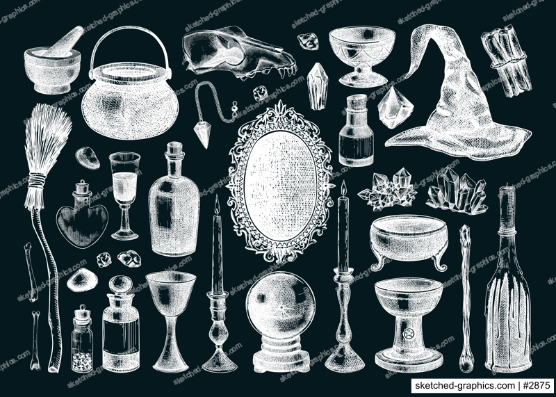 Witchcraft boutique sketches set. Halloween hand-drawn vector illustration. Antique apothecary design elements. Magic icons on chalkboard. NOT AI generated