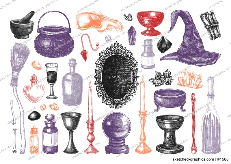 Witchcraft boutique sketches set. Halloween hand-drawn vector illustration. Antique apothecary design elements. Magic icons in color.  NOT AI generated