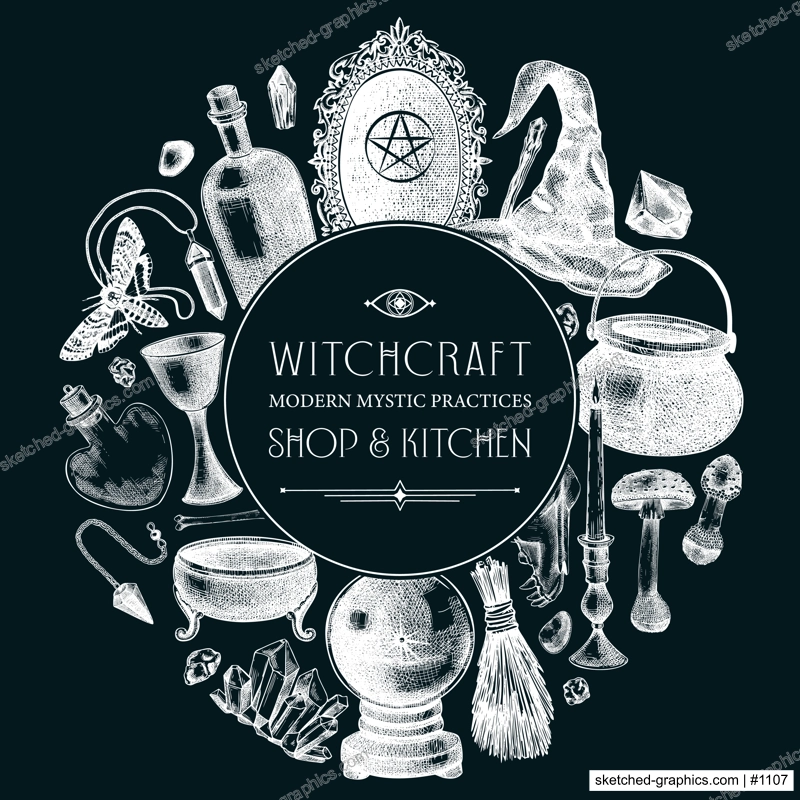 Witchcraft frame design. Vinatge Halloween sketches. Hand-drawn vector illustration.Witch party invitation template. NOT AI generated