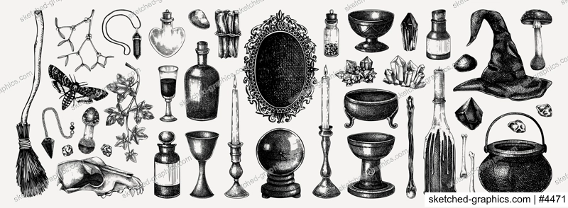 Witchcraft hand-drawn vector illustrations set. Halloween sketches. Vintage apothecary, occultism, alchemy design elements. NOT AI generated