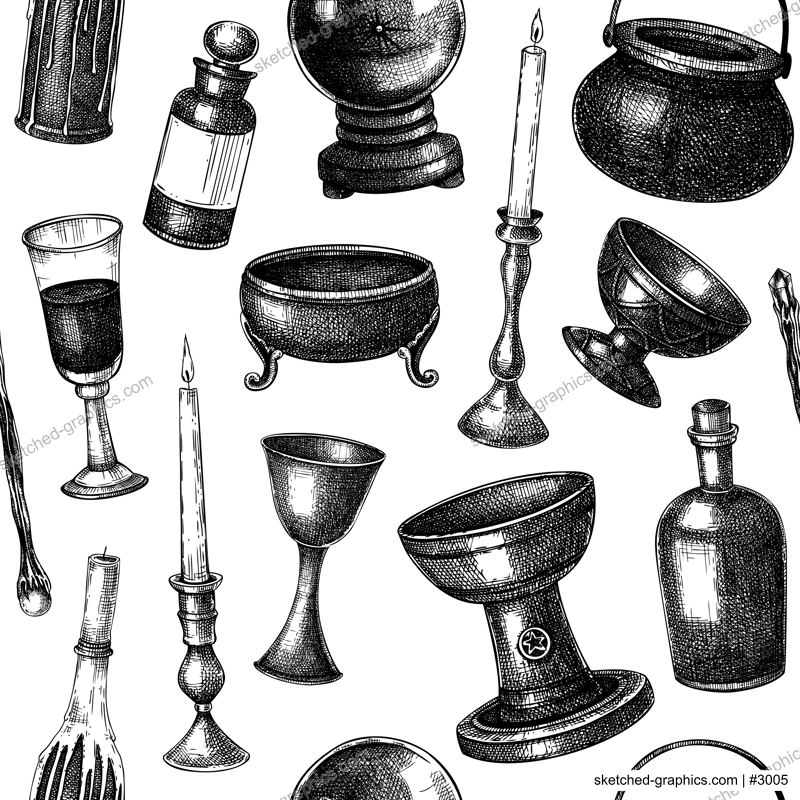 Bohemian style witchcraft seamless pattern. Witchcraft kitchenware utensil sketches. Vinatge Halloween background. Hand-drawn vector illustration.. NOT AI generated