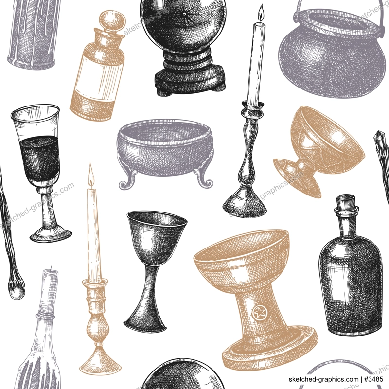 Bohemian style witchcraft seamless pattern. Witchcraft kitchenware utensil sketches. Vinatge Halloween background. Hand-drawn vector illustration.. NOT AI generated