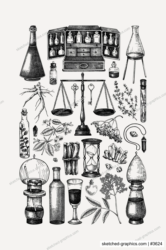 Boho witchcraft poster design template. Vintage Halloween background. Witch sketches. Hand-drawn vector illustration for print. Antique apothecary wall art.  NOT AI generated