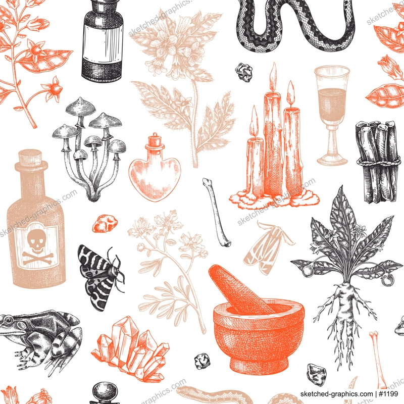 Witchcraft seamless pattern. Bohemian background. Witch herbs, poisonous plants, magic ingredients and floral elements. NOT AI generated