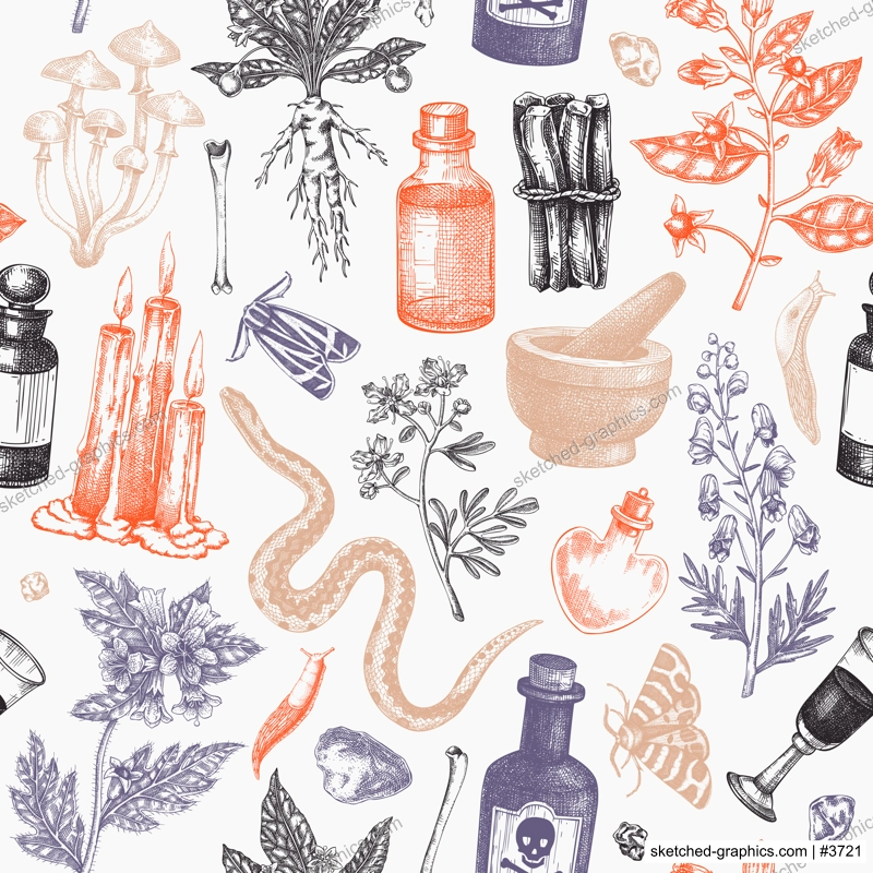Witchcraft seamless pattern. Bohemian background. Witch herbs, poisonous plants, magic ingredients, animals and floral elements. NOT AI generated