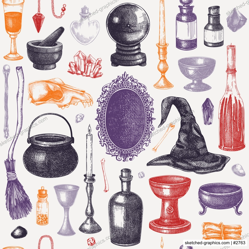 Bohemian style witchcraft background. Vinatge Halloween sketches in color. Hand-drawn vector illustration. Witchcraft seamless pattern. NOT AI generated