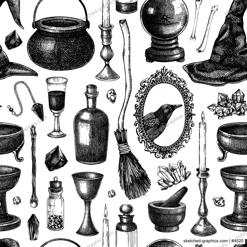 Bohemian style witchcraft background. Vinatge Halloween sketches. Hand-drawn vector illustration. Witchcraft seamless pattern. NOT AI generated
