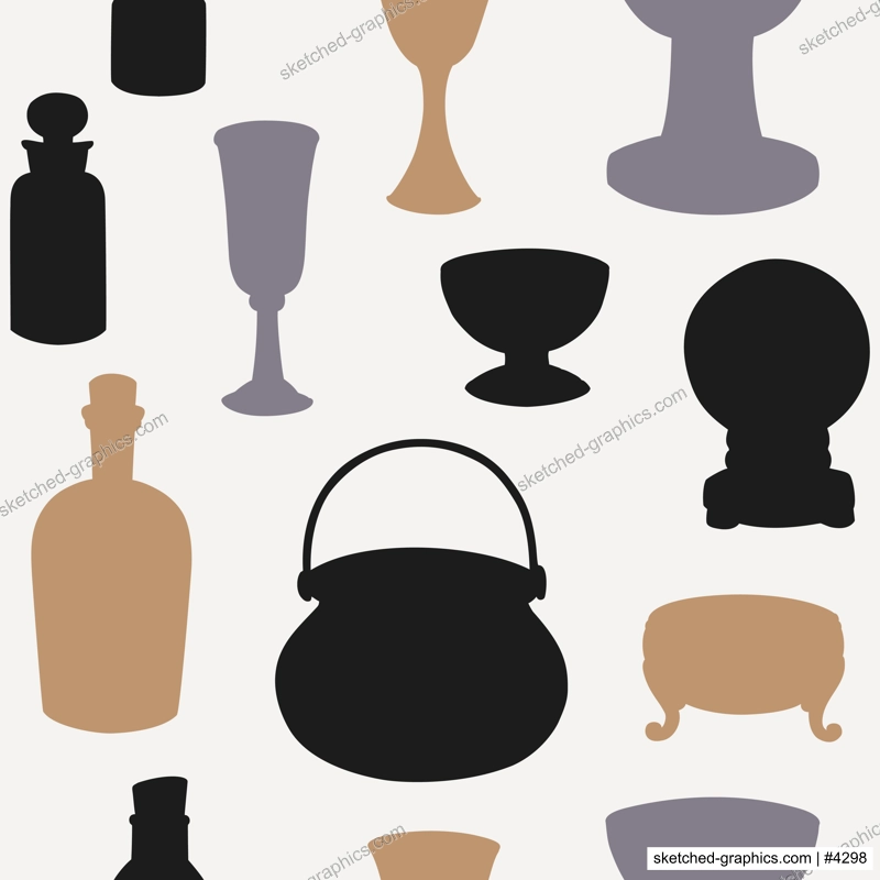 Bohemian style witchcraft seamless pattern. Abstract Halloween background. Witch kitchen silhouette texture. NOT AI generated