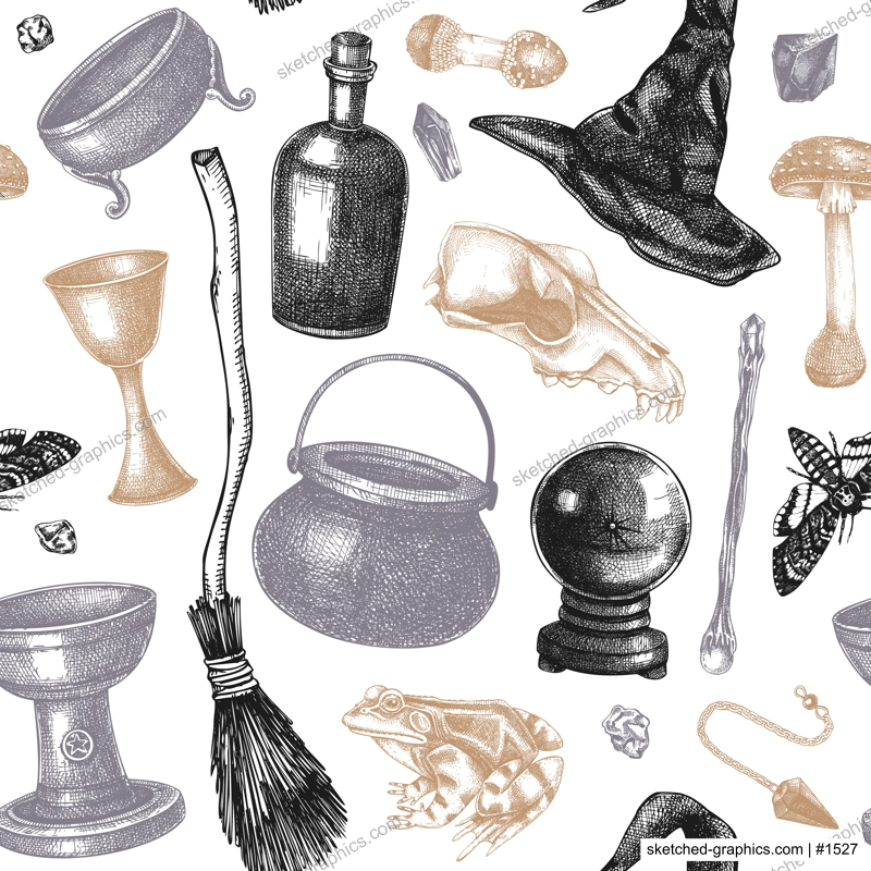 Bohemian style witchcraft background. Vintage Halloween sketches. Hand-drawn vector illustration. Witchcraft seamless pattern. NOT AI generated