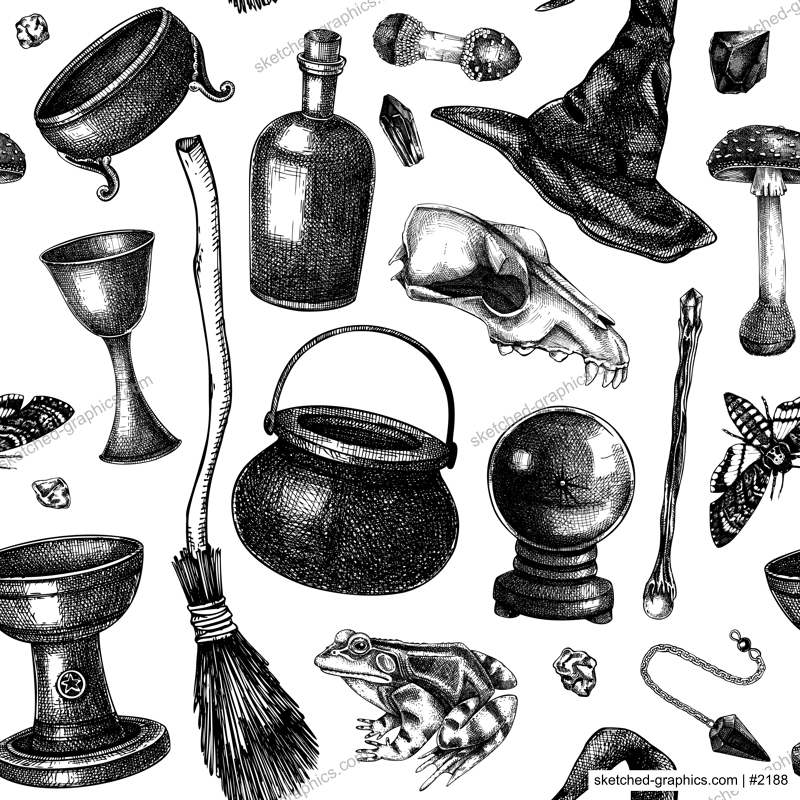 Bohemian style witchcraft background. Vintage Halloween sketches. Hand-drawn vector illustration. Witchcraft seamless pattern. NOT AI generated