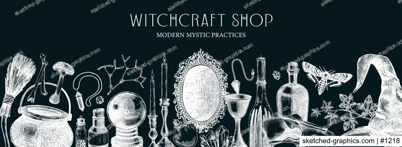 Witchcraft shop banner. Vintage Halloween background. Hand-drawn vector illustration. Witchcraft sketches. Antique apothecary design on chalkboard. NOT AI generated
