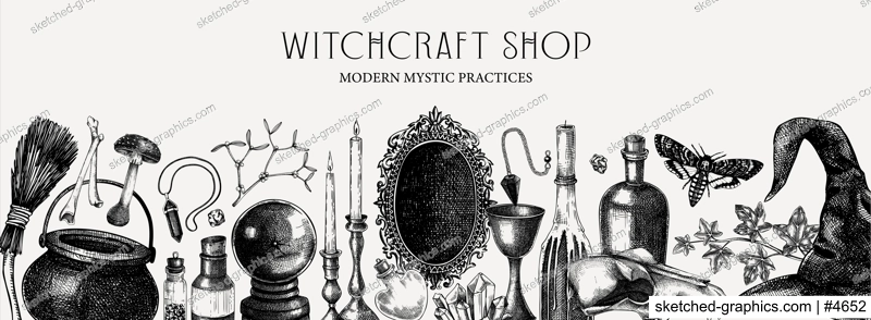 Witchcraft shop banner. Vintage Halloween background. Hand-drawn vector illustration. Witchcraft sketches. Antique apothecary design. NOT AI generated