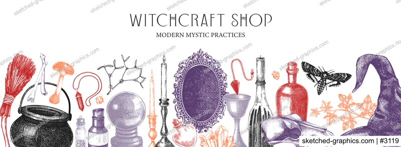 Witchcraft shop banner. Vintage Halloween background. Hand-drawn vector illustration. Witchcraft sketches. Antique apothecary design in color. NOT AI generated