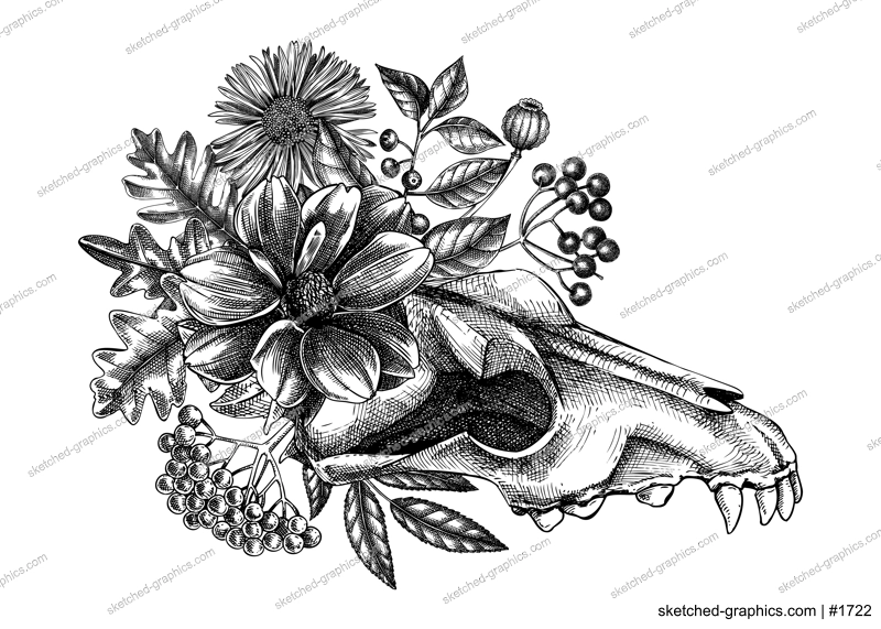 Wolf skull with rose flowers and moth sketch. Day of the death hand drawn vector illustration. Halloween design element. For poster, print, flyers, invitations. 