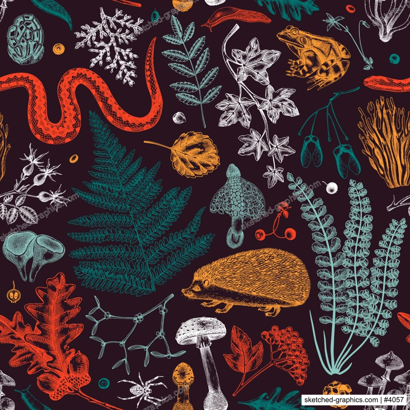 Vector seamless pattern with woodland animals, fern leaf, mushrooms, fall leaves and autumn plant sketch. Beautiful botanical repeating texture. Hand drawn autumn forest background for print, fabric, 