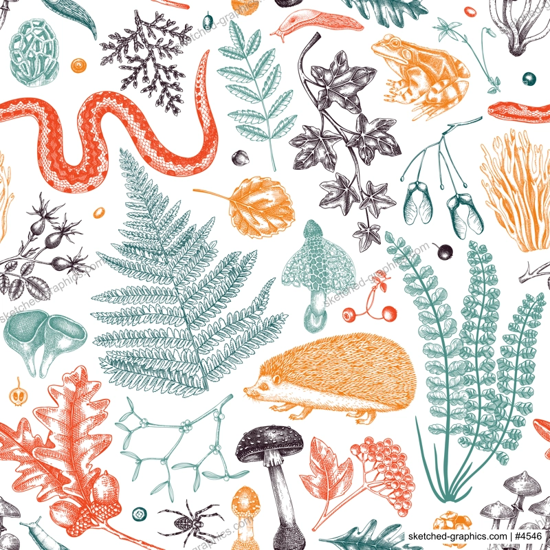Vector seamless pattern with woodland animals, fern leaf, mushrooms, fall leaves and autumn plant sketch. Beautiful botanical repeating texture. Hand drawn autumn forest background for print, fabric, 
