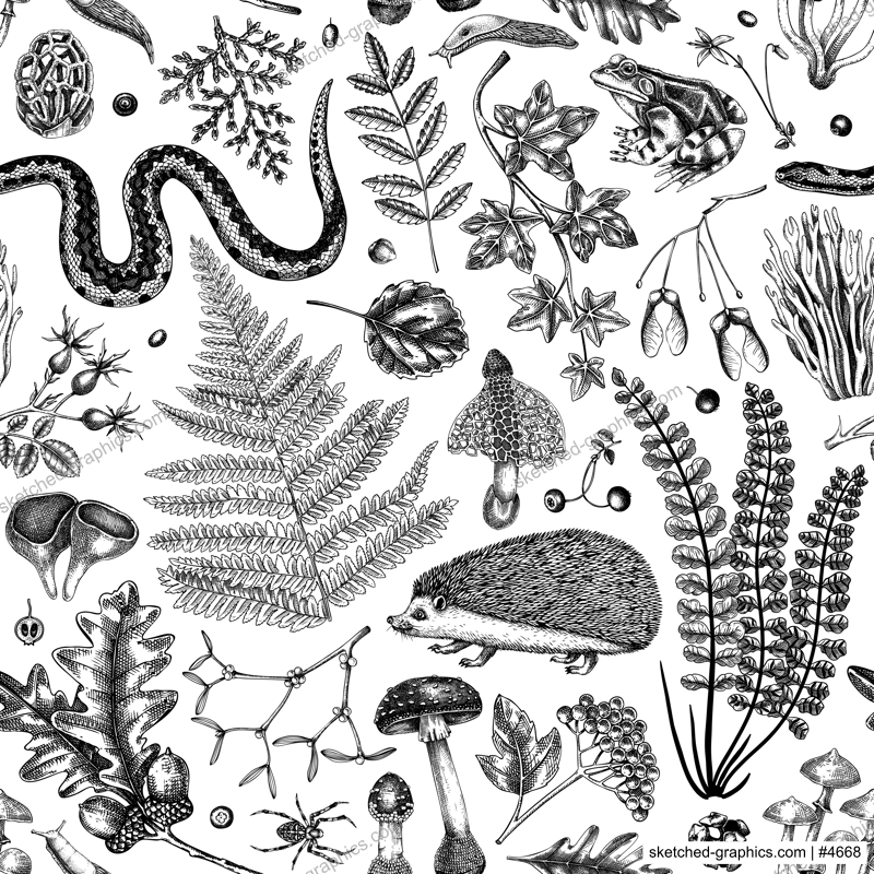 Vector seamless pattern with woodland animals, fern leaf, mushrooms, fall leaves and autumn plant sketch. Monochrome botanical repeating texture. Hand drawn autumn forest background 