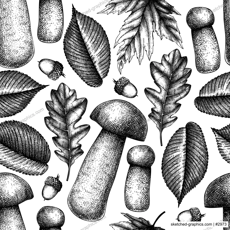 Woodland background. Mushroom seamless pattern. Autumn forest plants sketches. Hand-drawn vector illustration. Botanical design. NOT AI generated.
