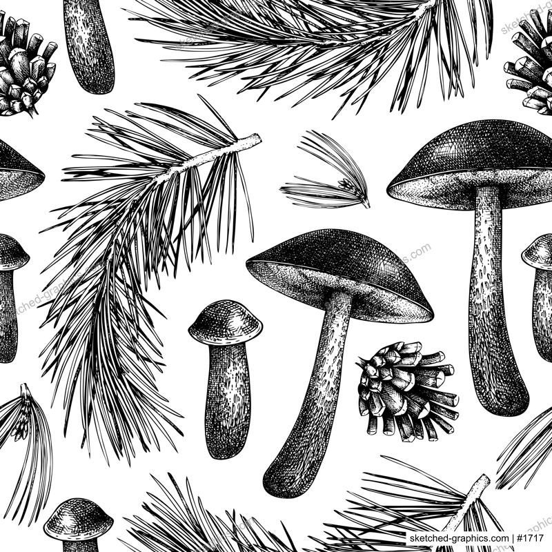 Woodland background. Mushroom seamless pattern. Autumn forest plants sketches. Hand-drawn vector illustration. Botanical design. NOT AI generated.