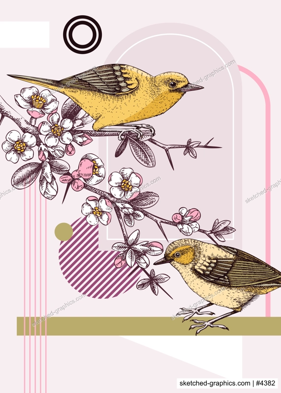 Collage style spring card design. Two yellow warbler on blooming Japanese quince branches vector sketch. Hand drawn songbirds and flowers illustration, geometric shapes, trendy design elements