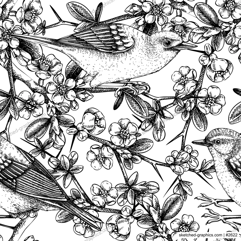 Vector spring background in engraved style. Yellow warbler sitting on blooming Japanese quince branch sketches. Songbird with beautiful flowers seamless pattern design for prints or textiles